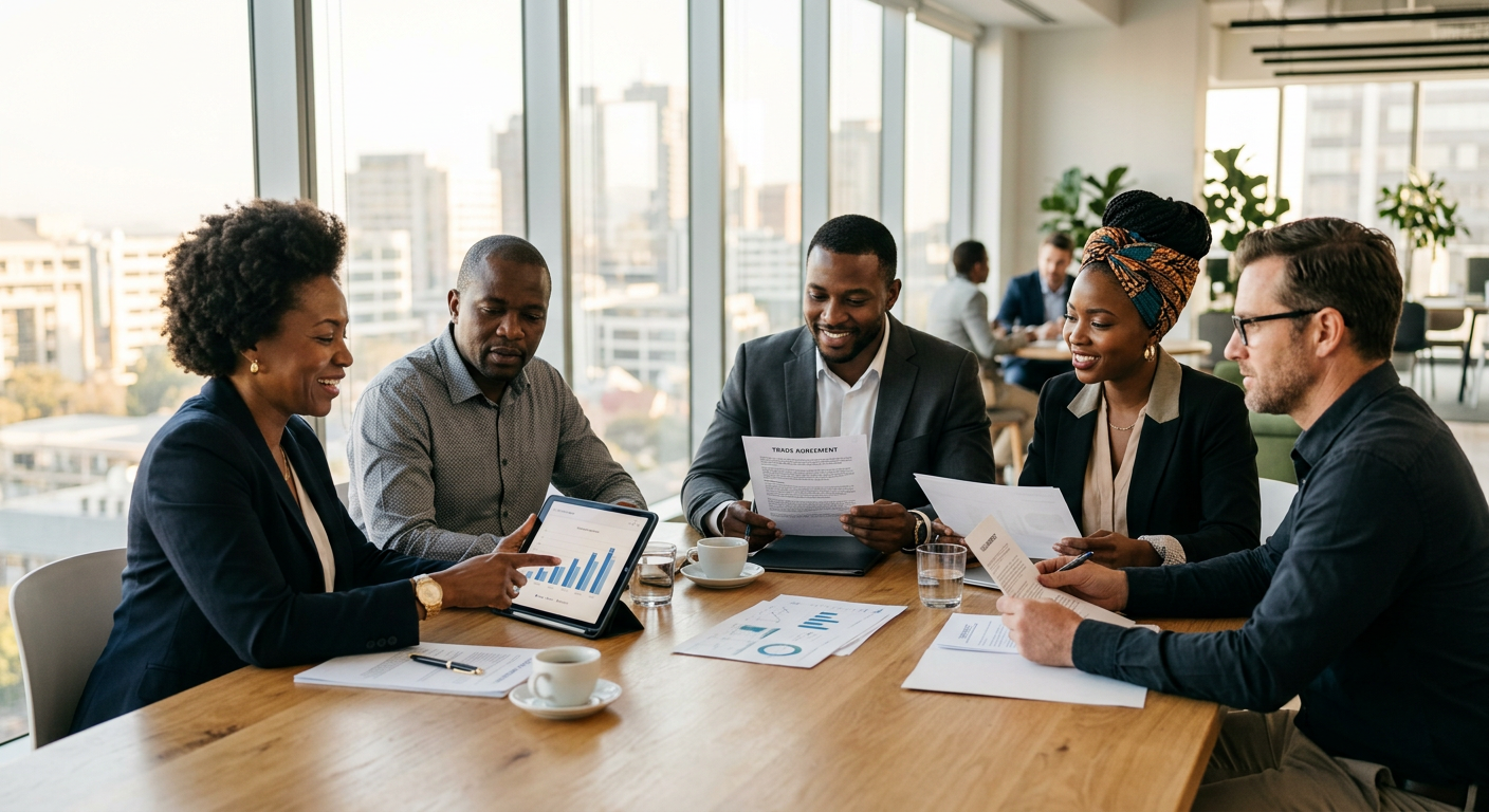 African and American business leaders collaborating around a boardroom table