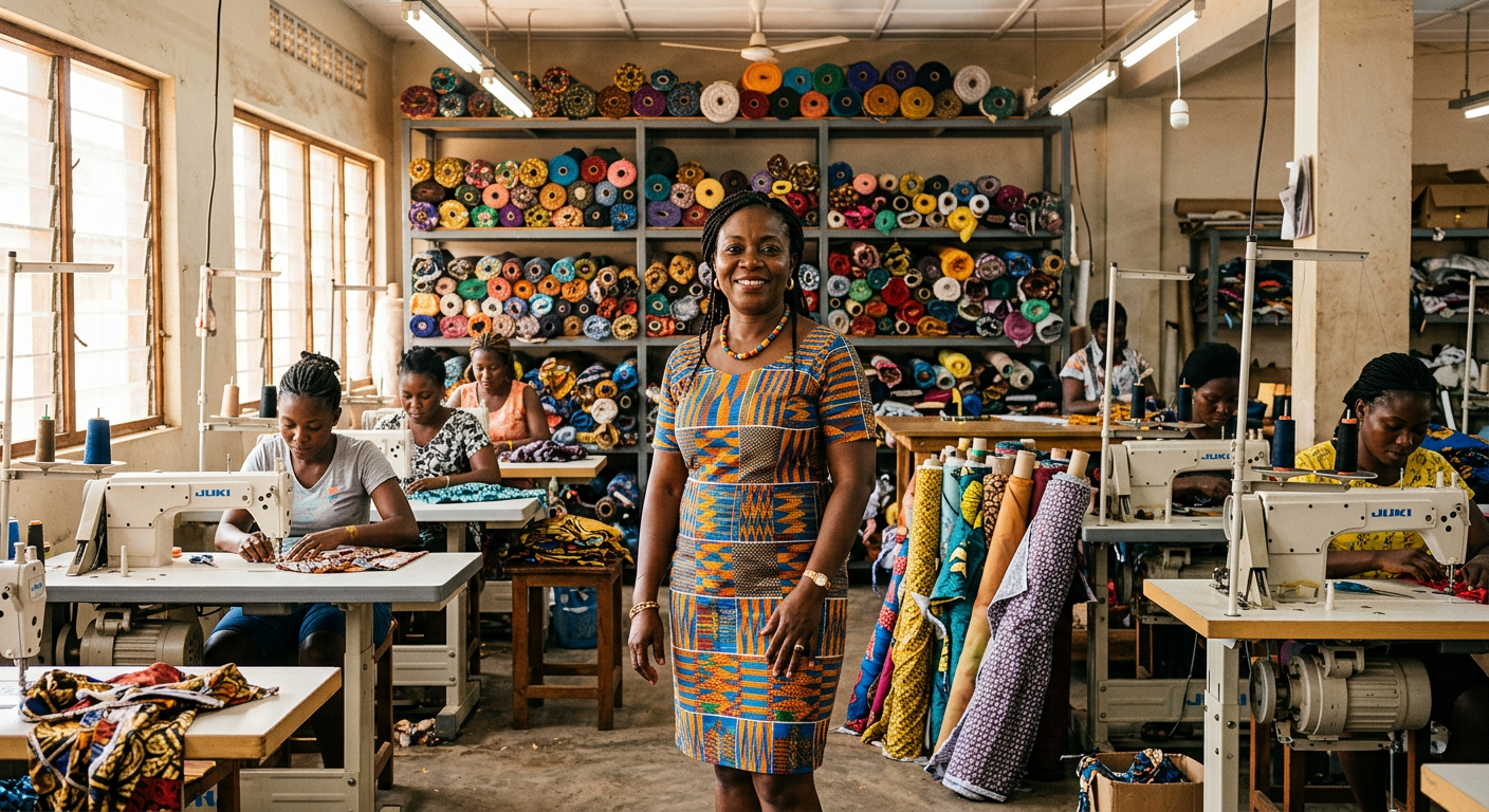 African entrepreneur standing in her textile workshop